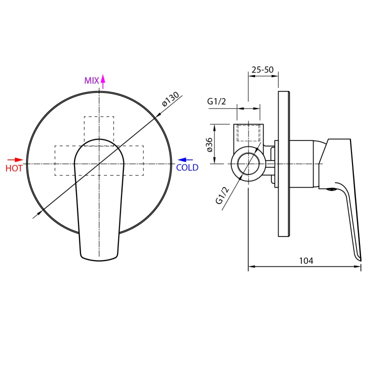 Rysunek techniczny - LOTTA bateria prysznicowa podtynkowa, 1 wyjście, czarny mat