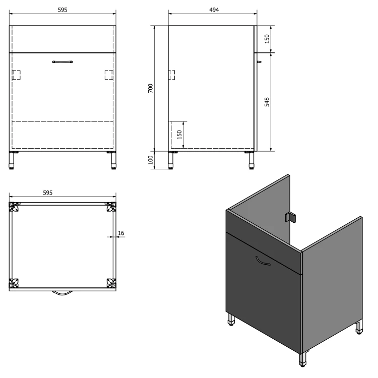 Rysunek techniczny - Szafka pod zlew 59,5x70x49,4cm, biały