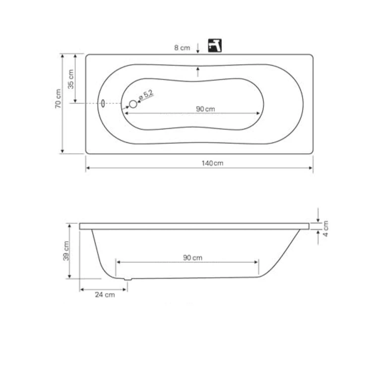 Rysunek techniczny - JIZERA wanna 140x70cmx39cm,, biały