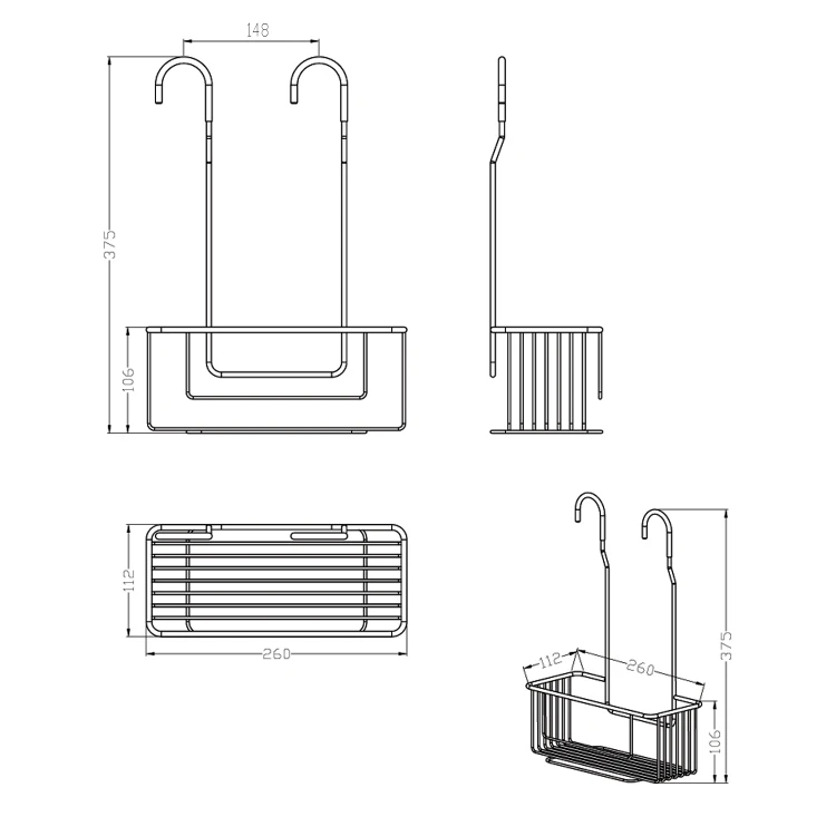 Rysunek techniczny - CHROM LINE półka do prysznica, zawieszana na baterii, chrom