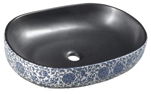 PRIORI umywalka ceramiczna nablatowa 60x40 cm, czarny z niebieskim wzorem