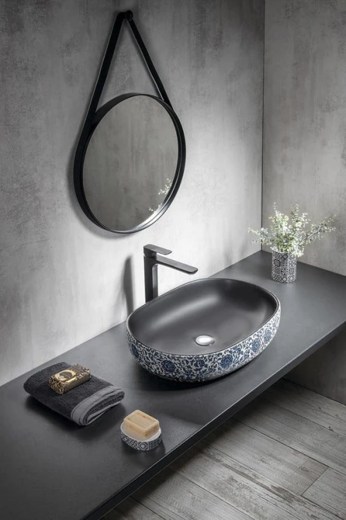 PRIORI umywalka ceramiczna nablatowa 60x40 cm, czarny z niebieskim wzorem #5