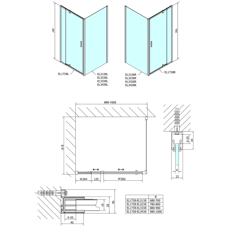Rysunek techniczny - EASY kabina prysznicowa 900-1000x900mm, obrotowe drzwi, L/R, szkło brick