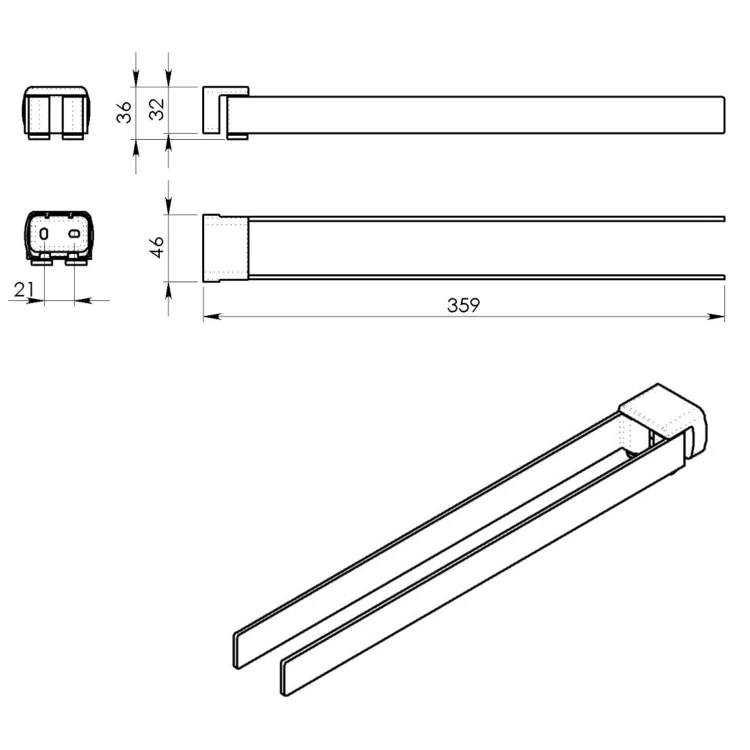 Rysunek techniczny - PIRENE obrotowy wieszak na ręczniki podwójny 350mm, biały mat