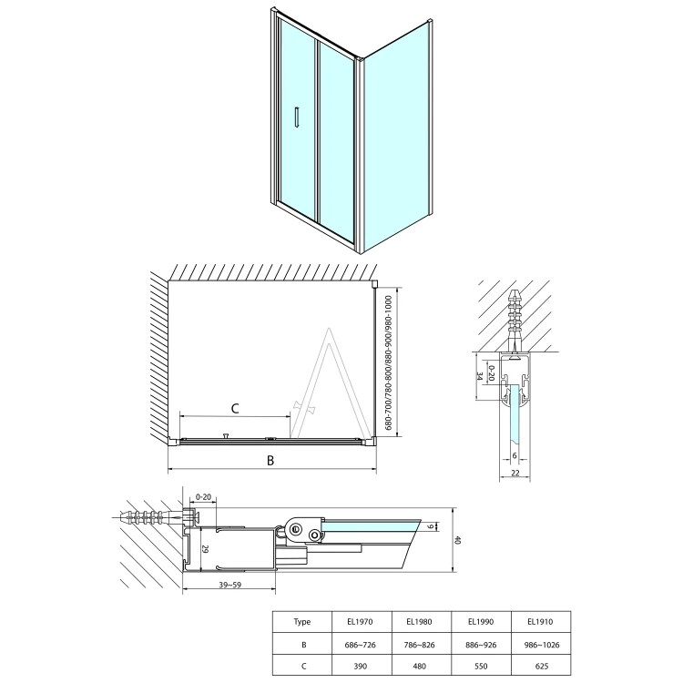 Rysunek techniczny - EASY kabina prysznicowa 700x700mm, drzwi składane, L/R wariant, czyste szkło