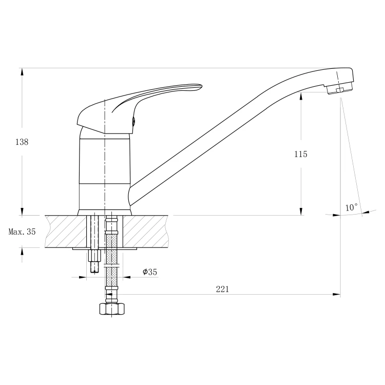 Rysunek techniczny - HOFFER bateria kuchenna, 221mm, obrotową wylewką, chrom