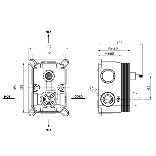 Rysunek techniczny - UNIVERSAL element podtynkowy do baterii, 2 wyjścia