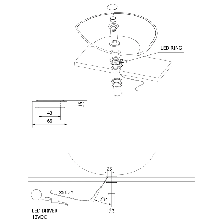 Rysunek techniczny - LEDRING oświetlenie pod szklane umywalki 12V, 1,2W, 5000-5500K