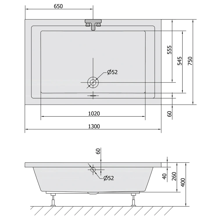 Rysunek techniczny - DEEP brodzik głęboki z konstrukcją, prostokąt 130x75x26cm, biały