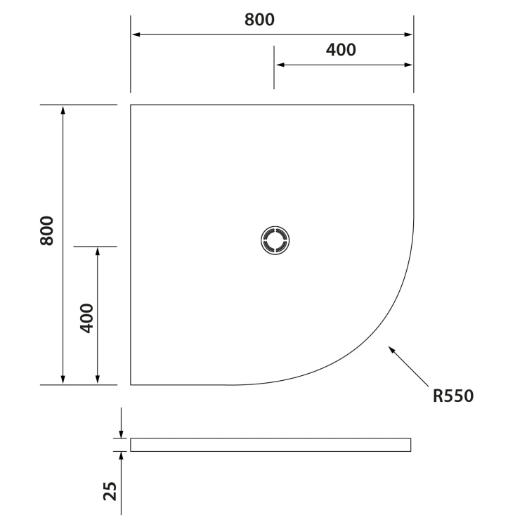 Rysunek techniczny - FLEXIA brodzik kompozytowy półokrągły, z możliwością docinania, 80x80cm R550