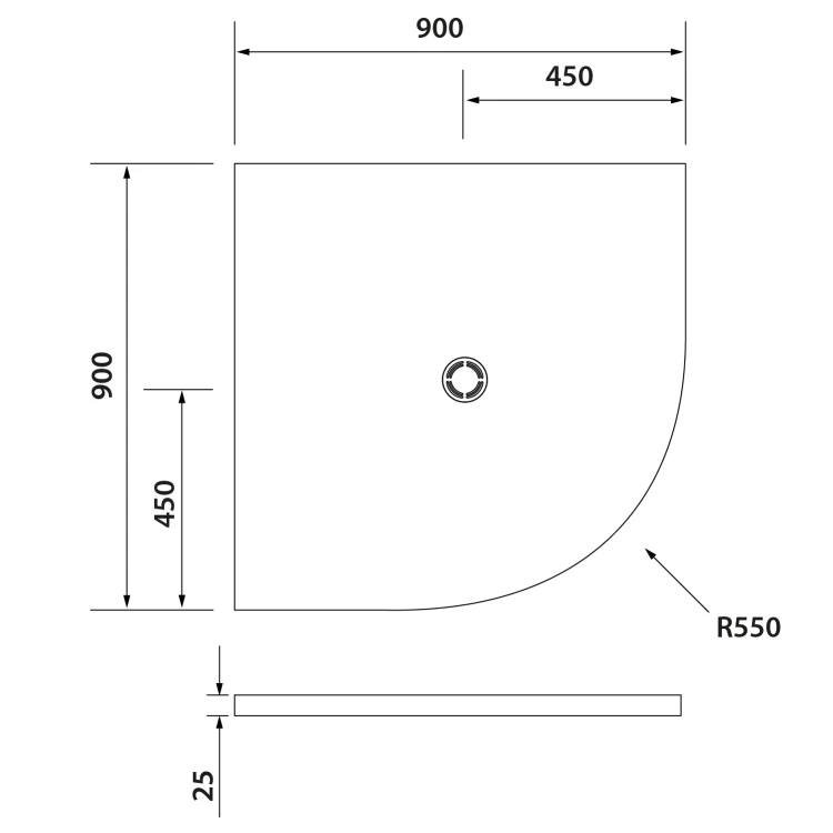 Rysunek techniczny - FLEXIA brodzik kompozytowy półokrągły, z możliwością docinania, 90x90cm, R550