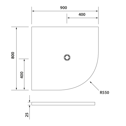 Rysunek techniczny - FLEXIA brodzik kompozytowy półokrągły, z możliwością docinania, 90x80cm, R550, lewa