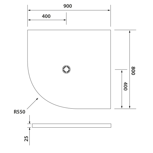 Rysunek techniczny - FLEXIA brodzik kompozytowy półokrągły, z możliwością docinania, 90x80cm, R550, prawa
