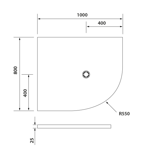 Rysunek techniczny - FLEXIA brodzik kompozytowy półokrągły, z możliwością docinania, 100x80cm, R550, lewa