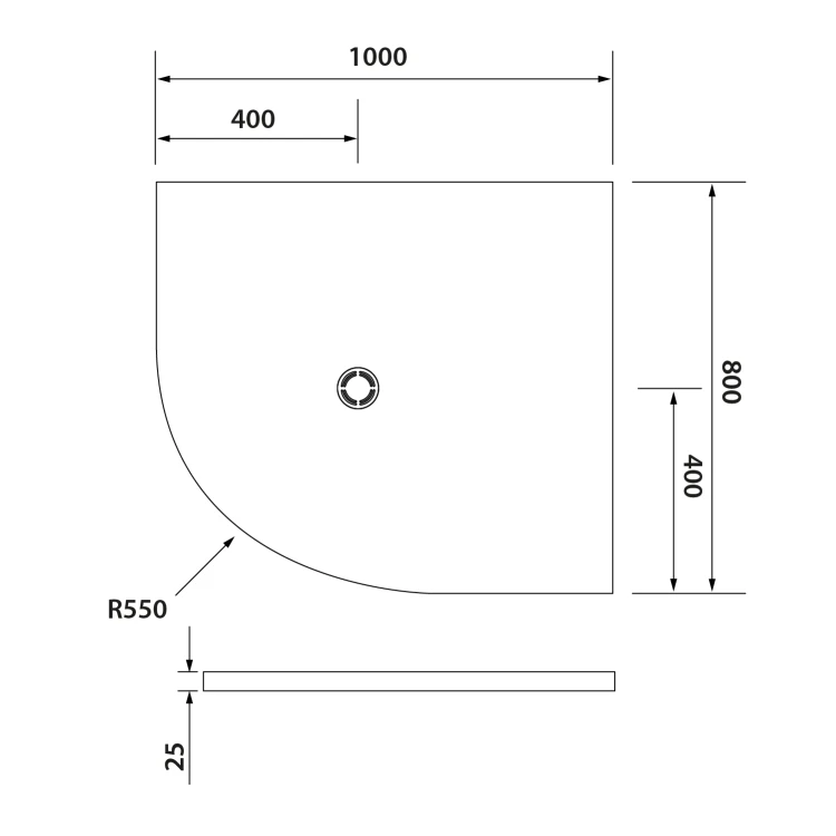 Rysunek techniczny - FLEXIA brodzik kompozytowy półokrągły, z możliwością docinania, 100x80cm, R550, prawa