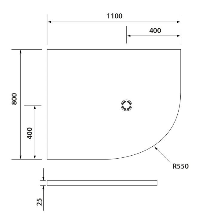 Rysunek techniczny - FLEXIA brodzik kompozytowy półokrągły, z możliwością docinania, 110x80cm, R550, lewa