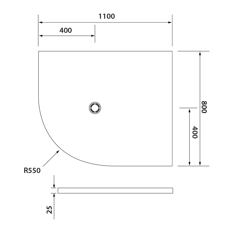 Rysunek techniczny - FLEXIA brodzik kompozytowy półokrągły, z możliwością docinania, 110x80cm, R550, prawa