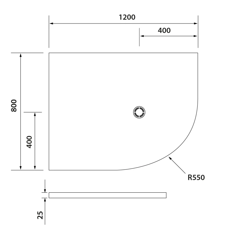 Rysunek techniczny - FLEXIA brodzik kompozytowy półokrągły, z możliwością docinania, 120x80cm, R550, lewa