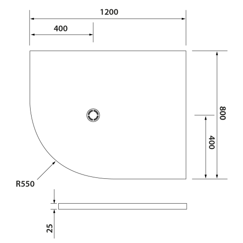 Rysunek techniczny - FLEXIA brodzik kompozytowy półokrągły, z możliwością docinania, 120x80cm, R550, prawa
