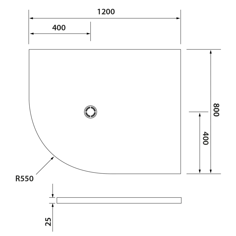 Rysunek techniczny - FLEXIA brodzik kompozytowy półokrągły, z możliwością docinania, 120x80cm, R550, prawa