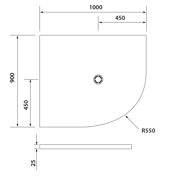 Rysunek techniczny - FLEXIA brodzik kompozytowy półokrągły, z możliwością docinania, 100x90cm, R550, lewa