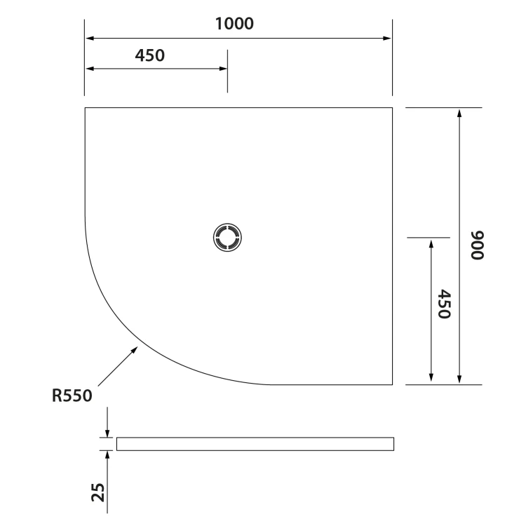 Rysunek techniczny - FLEXIA brodzik kompozytowy półokrągły, z możliwością docinania, 100x90cm, R550, prawa