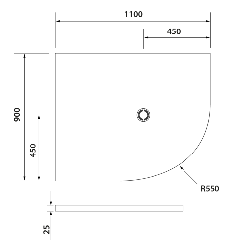 Rysunek techniczny - FLEXIA brodzik kompozytowy półokrągły, z możliwością docinania, 110x90cm, R550, lewa