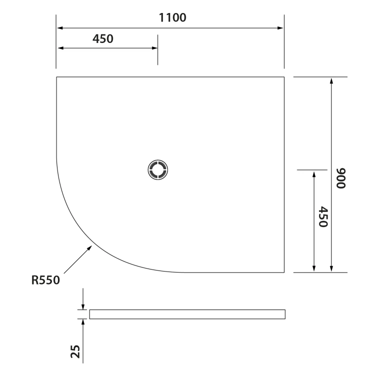 Rysunek techniczny - FLEXIA brodzik kompozytowy półokrągły, z możliwością docinania, 110x90cm, R550, prawa