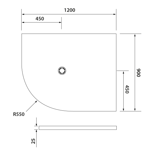 Rysunek techniczny - FLEXIA brodzik kompozytowy półokrągły, z możliwością docinania, 120x90cm, R550, prawa