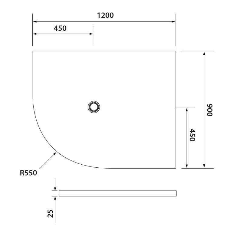 Rysunek techniczny - FLEXIA brodzik kompozytowy półokrągły, z możliwością docinania, 120x90cm, R550, prawa
