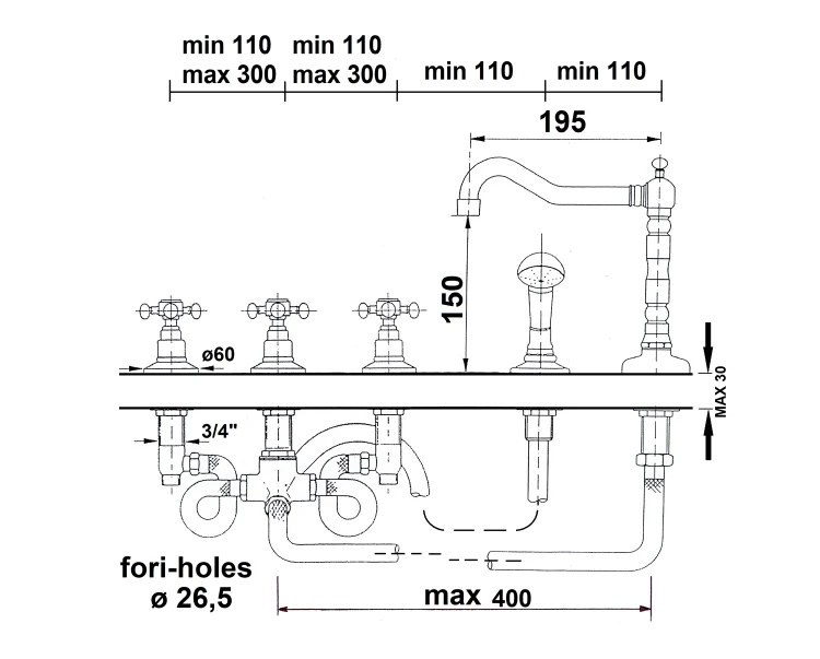 Rysunek techniczny - ANTEA pięcioelementowa bateria na brzeg wanny z wylewką retro, chrom/złoto