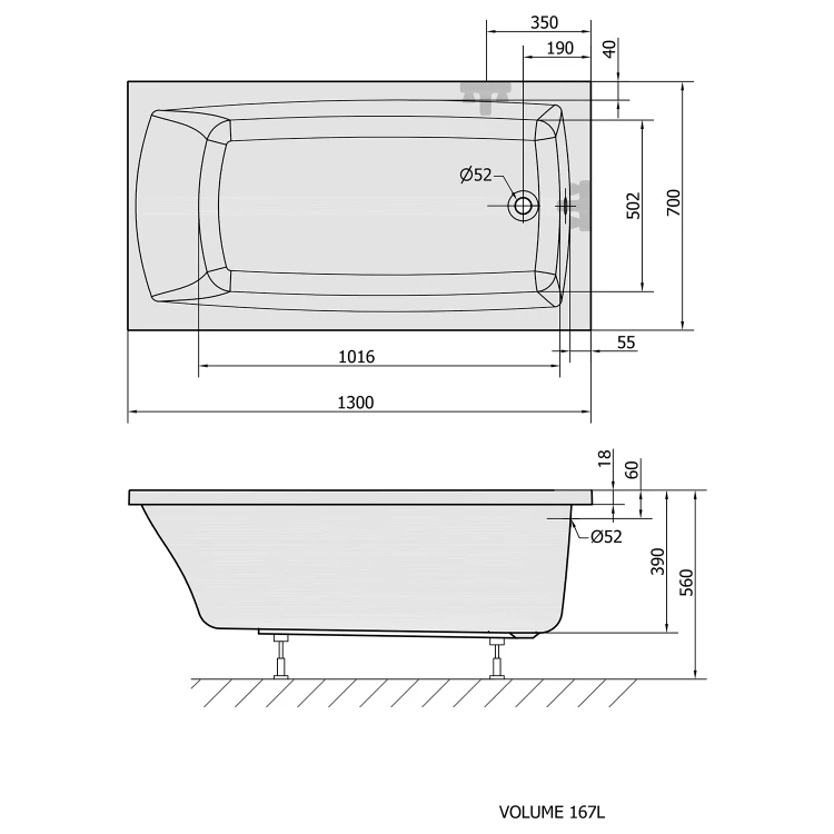 Rysunek techniczny - LILY SLIM wanna prostokątna 130x70x39cm, biała