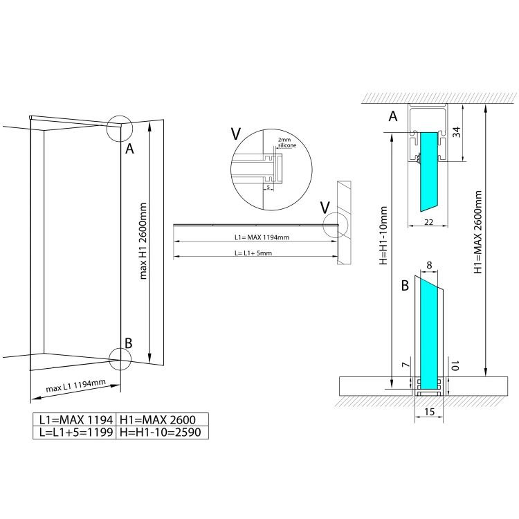 Rysunek techniczny - ARCHITEX hartowane szkło szare L 1000 - 1199mm, H 1800-2600mm