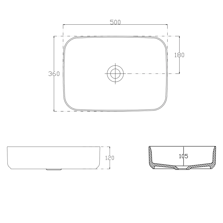 Rysunek techniczny - INFINITY RECTANGLE umywalka ceramiczna nablatowa 50x36cm, biała