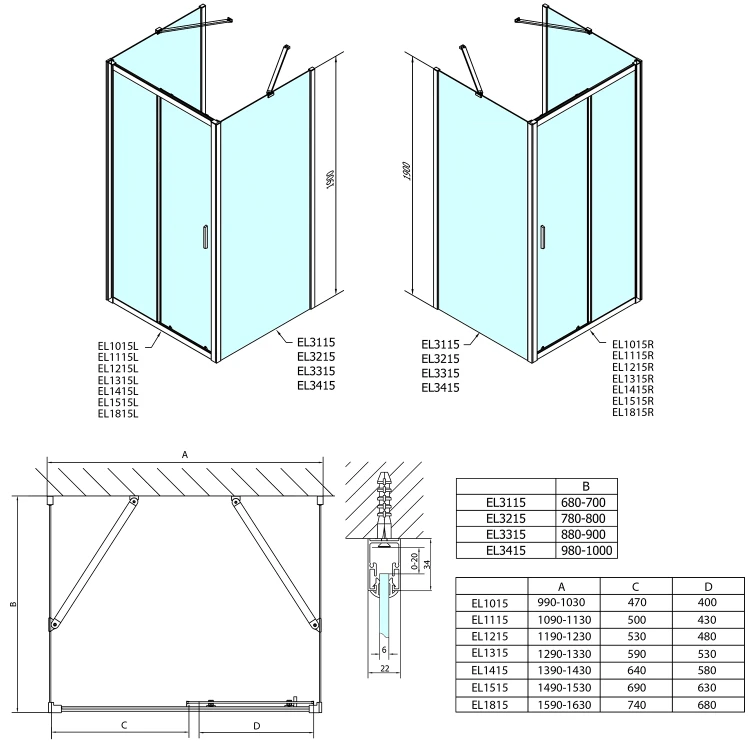 Rysunek techniczny - EASY kabina prysznicowa trójścienna 1300x1000mm, wariant L/P, szkło czyste