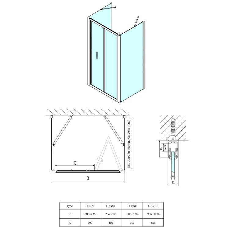 Rysunek techniczny - EASY kabina prysznicowa trójścienna 900x900mm, drzwi składane,L/P, szkło czyste