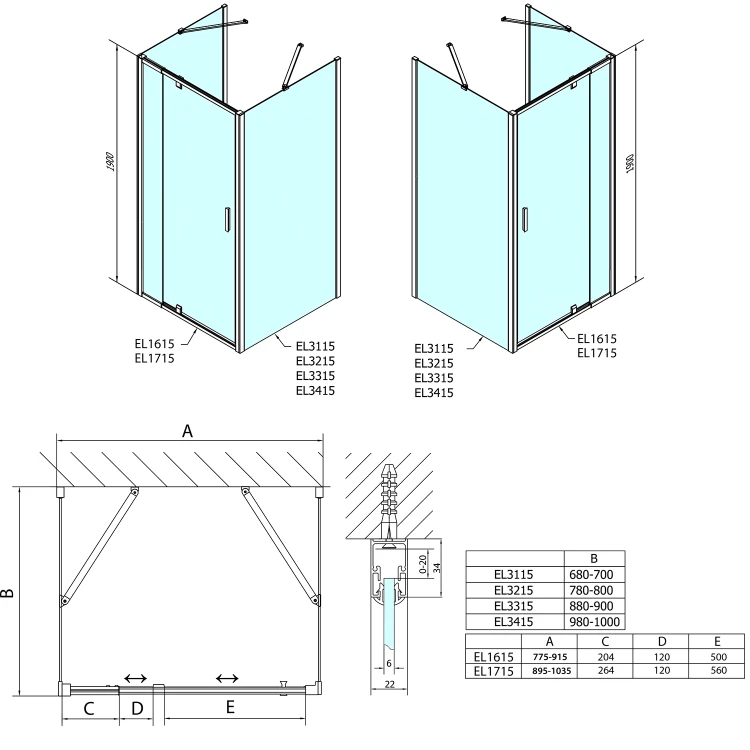 Rysunek techniczny - EASY kabina prysznicowa trójścienna 900-1000x1000mm, obrotowe drzwi, L/P, szkło czyste