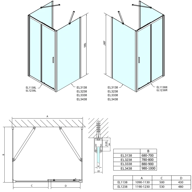Rysunek techniczny - EASY kabina prysznicowa trójścienna 1200x800mm, wariant L/P, szkło Brick
