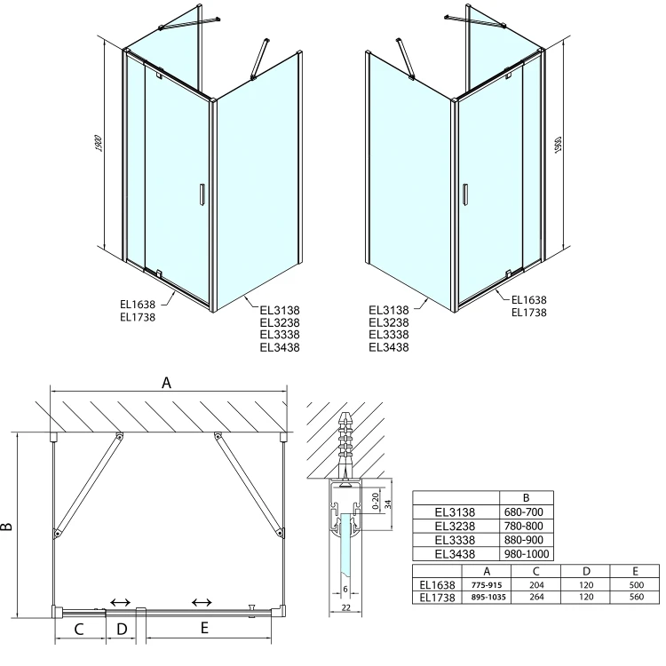 Rysunek techniczny - EASY kabina prysznicowa trójścienna 900-1000x800mm, obrotowe drzwi, wariant L/P, szkło brick