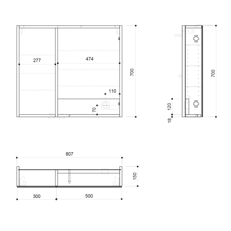 Rysunek techniczny - LINEX szafka z lustrem,oświetlenie LED, 80x70x15cm, biała