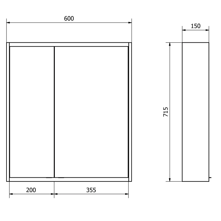 Rysunek techniczny - BATU szafka z lustrem 2x oświetlenie LED, 60x71x15cm, biały połysk
