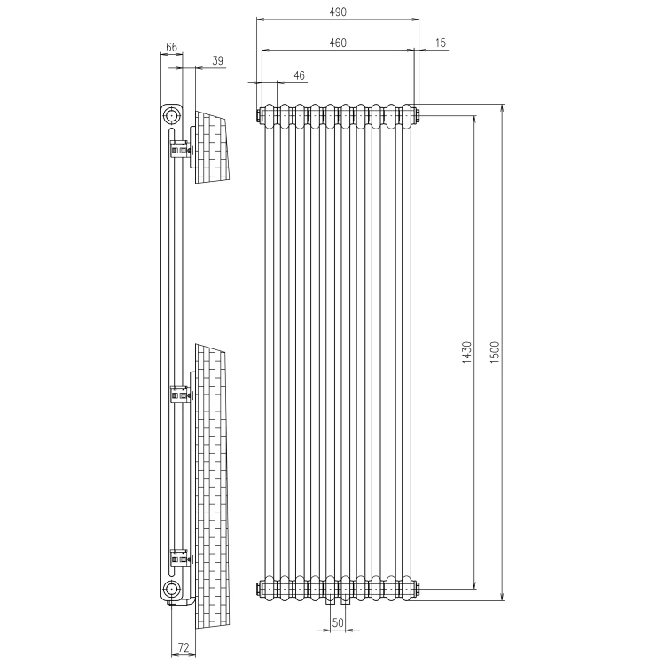 Rysunek techniczny - FEDE grzejnik łazienkowy 1500x490mm, 10 segmentów, czarny mat