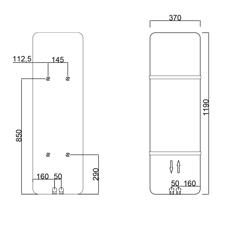 Rysunek techniczny - TABELLA grzejnik łazienkowi 370x1190mm, biały mat