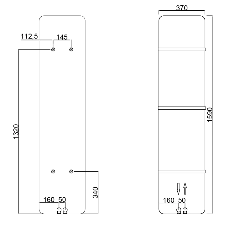Rysunek techniczny - TABELLA grzejnik łazienkowi 370x1590mm, czarny mat