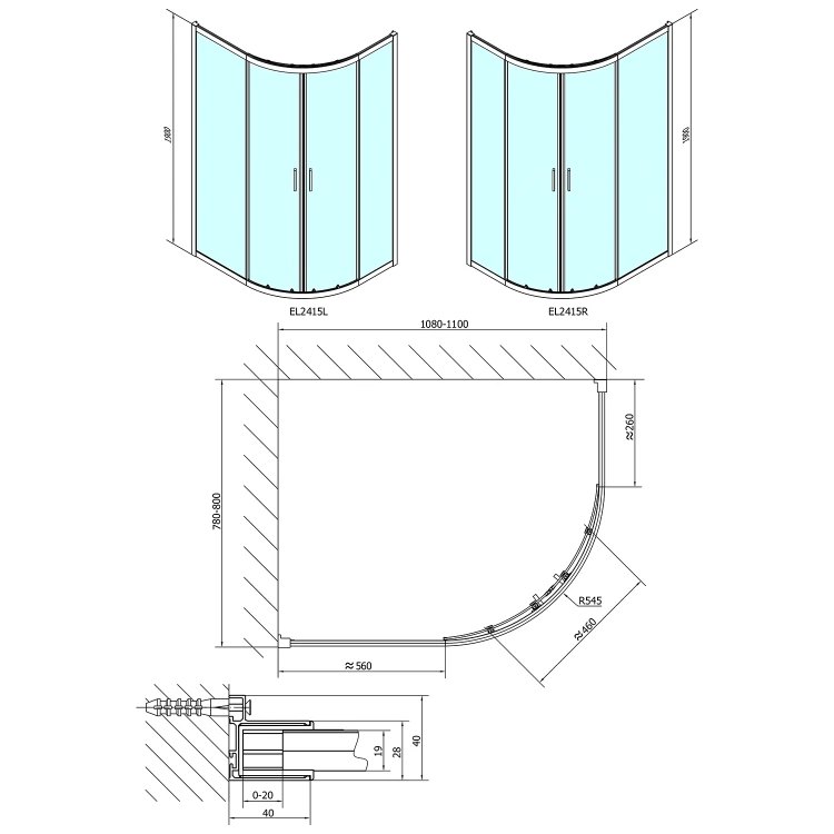 Rysunek techniczny - EASY kabina prysznicowa półokrągła 1100x800mm, L/R, szkło czyste