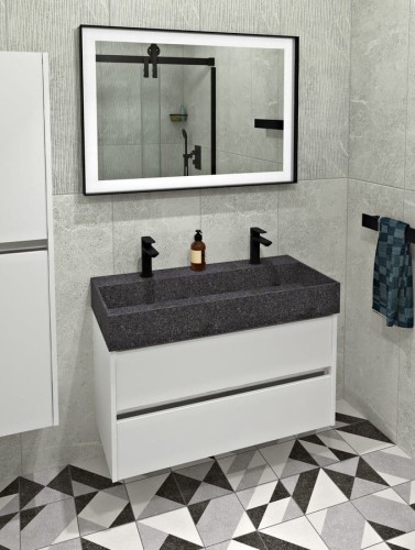 QUADRADO umywalka betonowa podwójna z korkiem 96x44cm, czarny granit #2