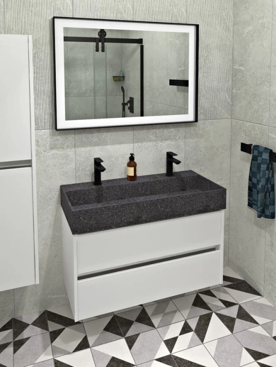 QUADRADO umywalka betonowa podwójna z korkiem 96x44cm, czarny granit #2