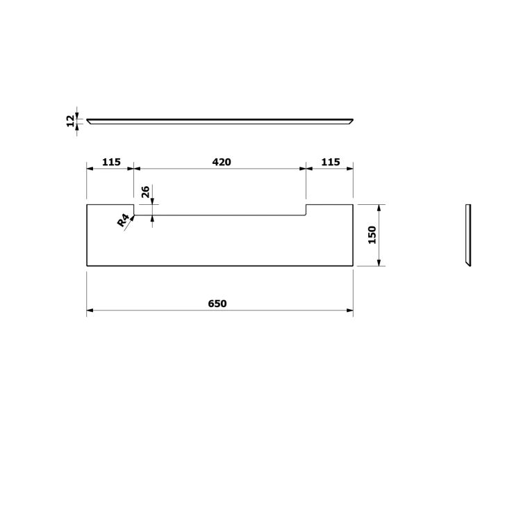 Rysunek techniczny - PONTE Półka Rockstone 650x12x150mm, biały mat