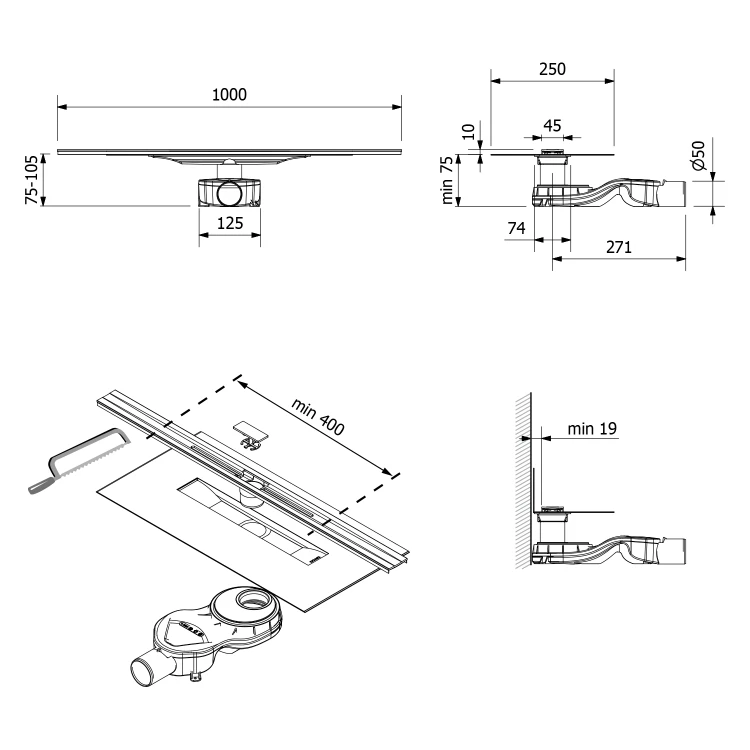 Rysunek techniczny - SLIM RIVER odpływ liniowy ze stali nierdzewnej z rusztem, L.400-1000, DN50