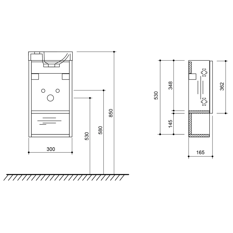 Rysunek techniczny - LATUS XI szafka pod umywalkę 30x53x16,5cm, biały połysk